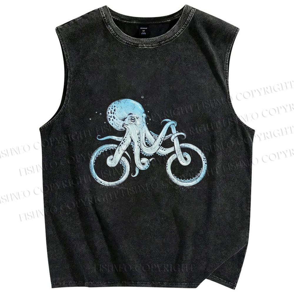 Unisex Bicycle Octopus Printed Washed Tank Top