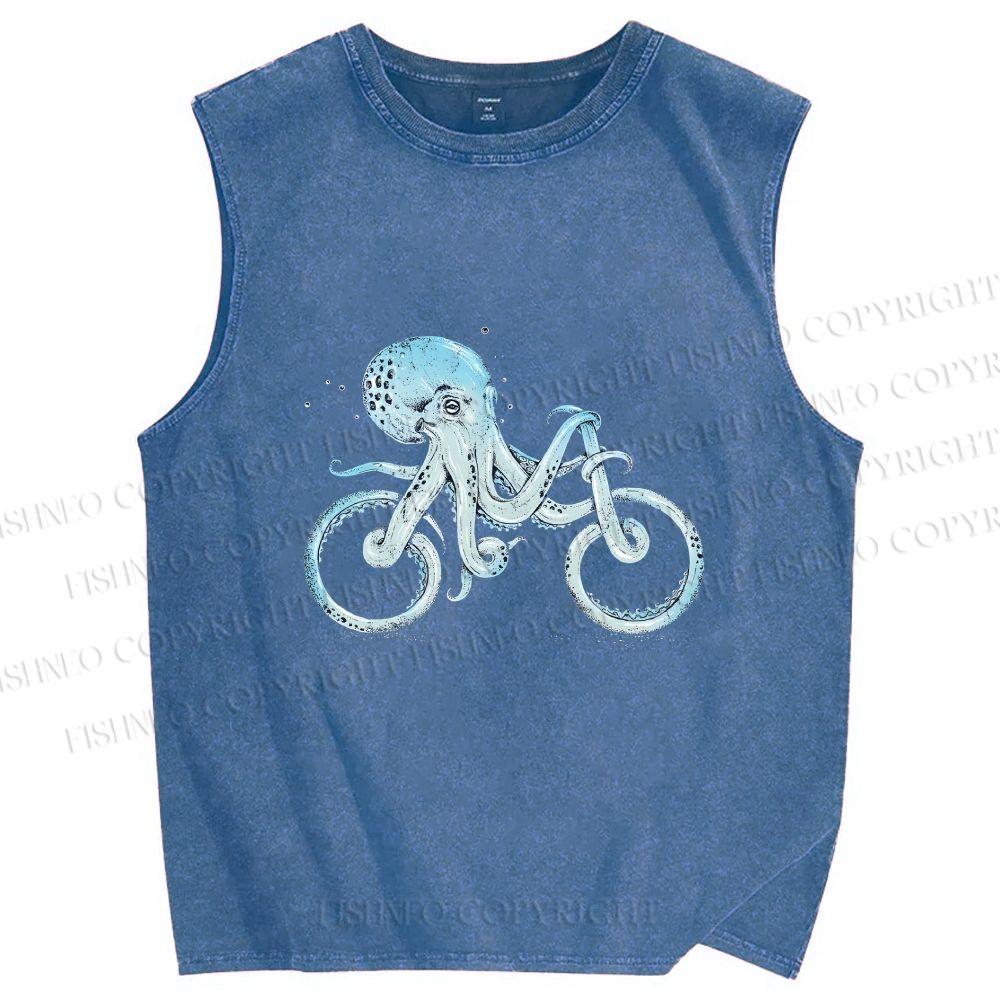 Unisex Bicycle Octopus Printed Washed Tank Top