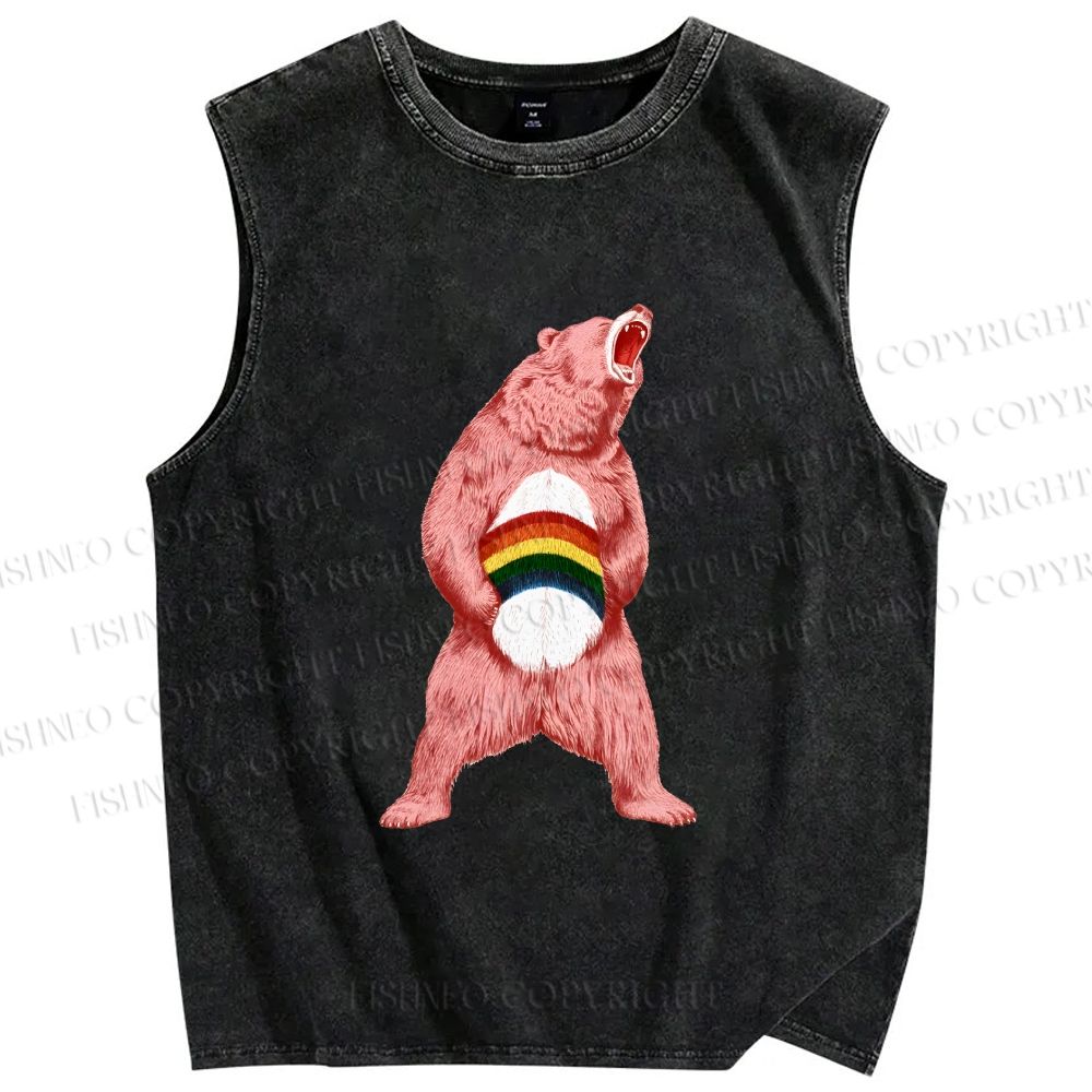 Unisex Pride Pink Bear Printed Washed Tank Top