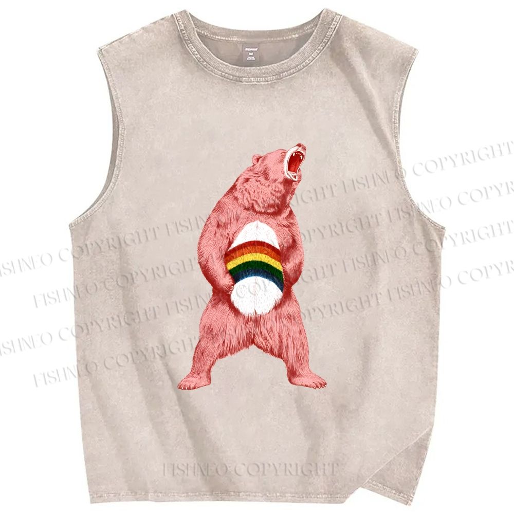 Unisex Pride Pink Bear Printed Washed Tank Top