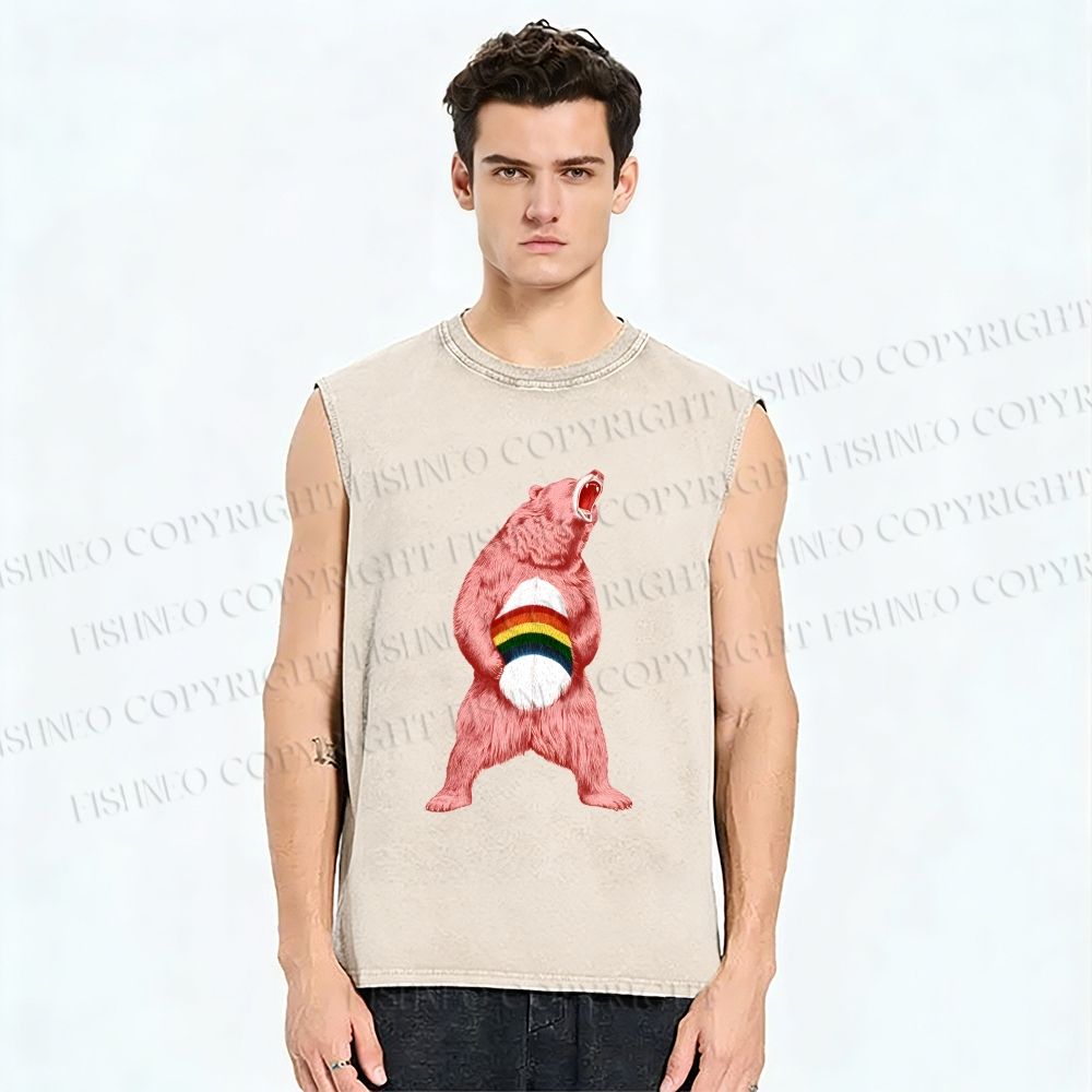 Unisex Pride Pink Bear Printed Washed Tank Top