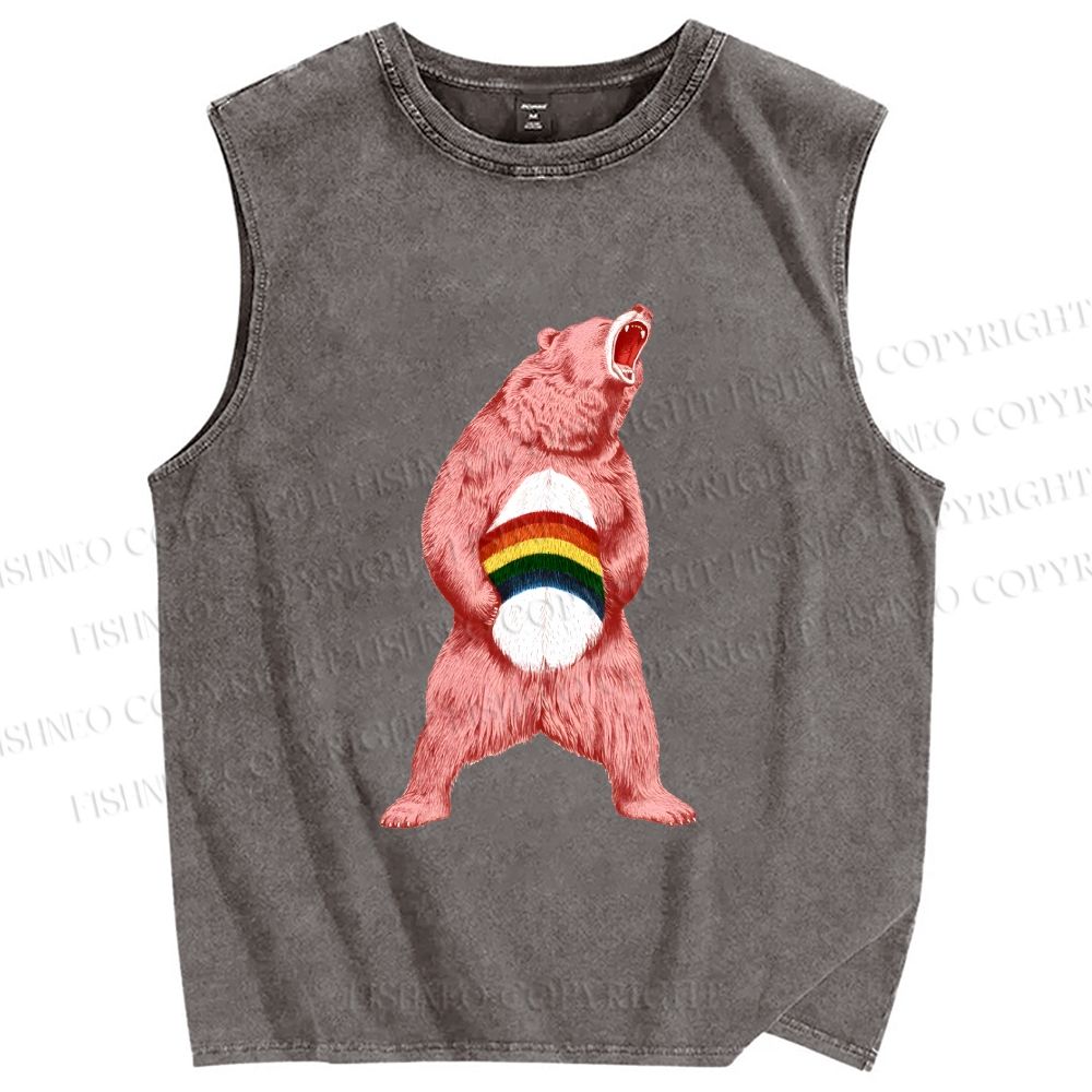 Unisex Pride Pink Bear Printed Washed Tank Top