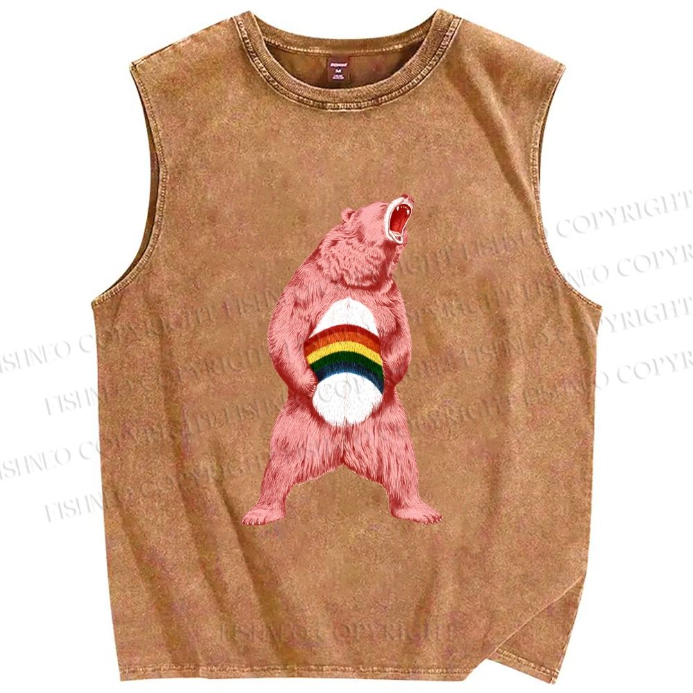 Unisex Pride Pink Bear Printed Washed Tank Top