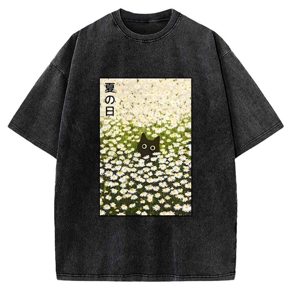 Unisex Summer Day Daisies Black Cat Printed Washed Tee