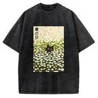 Unisex Summer Day Daisies Black Cat Printed Washed Tee