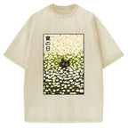 Unisex Summer Day Daisies Black Cat Printed Washed Tee