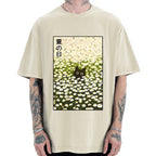 Unisex Summer Day Daisies Black Cat Printed Washed Tee