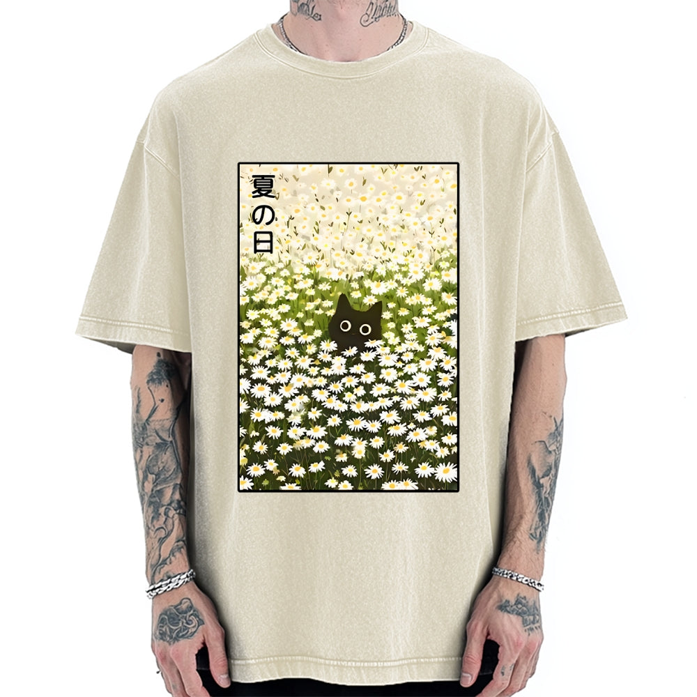 Unisex Summer Day Daisies Black Cat Printed Washed Tee