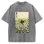 Unisex Summer Day Daisies Black Cat Printed Washed Tee