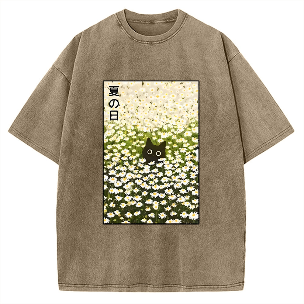 Unisex Summer Day Daisies Black Cat Printed Washed Tee