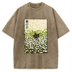 Unisex Summer Day Daisies Black Cat Printed Washed Tee
