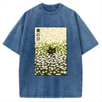 Unisex Summer Day Daisies Black Cat Printed Washed Tee