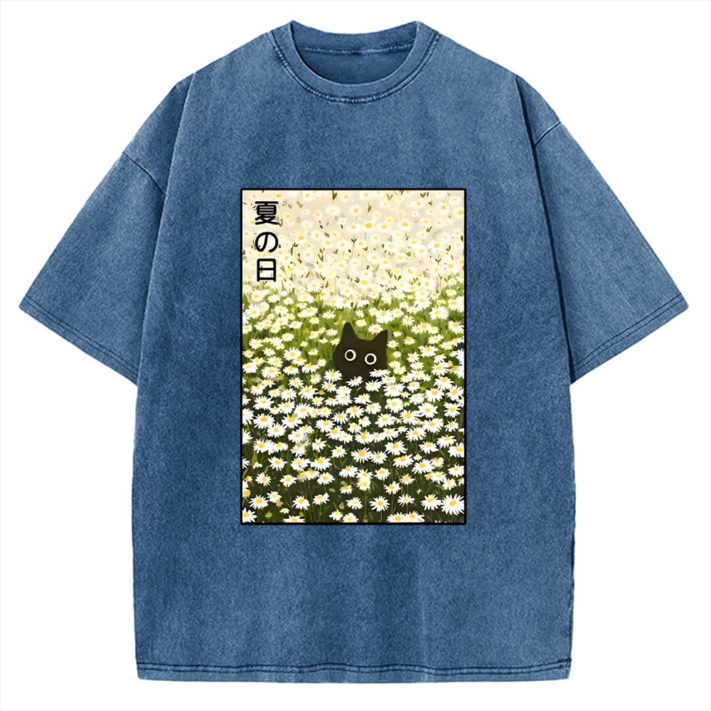 Unisex Summer Day Daisies Black Cat Printed Washed Tee