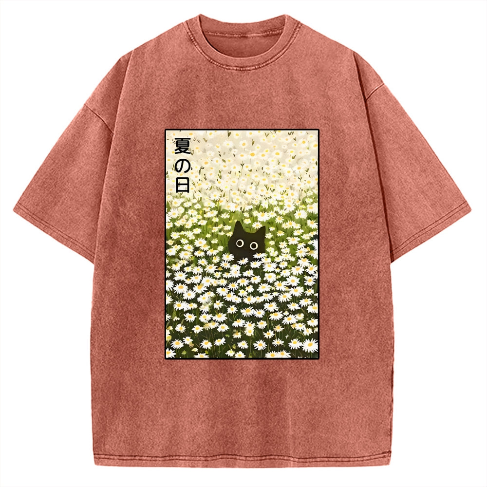 Unisex Summer Day Daisies Black Cat Printed Washed Tee