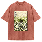 Unisex Summer Day Daisies Black Cat Printed Washed Tee