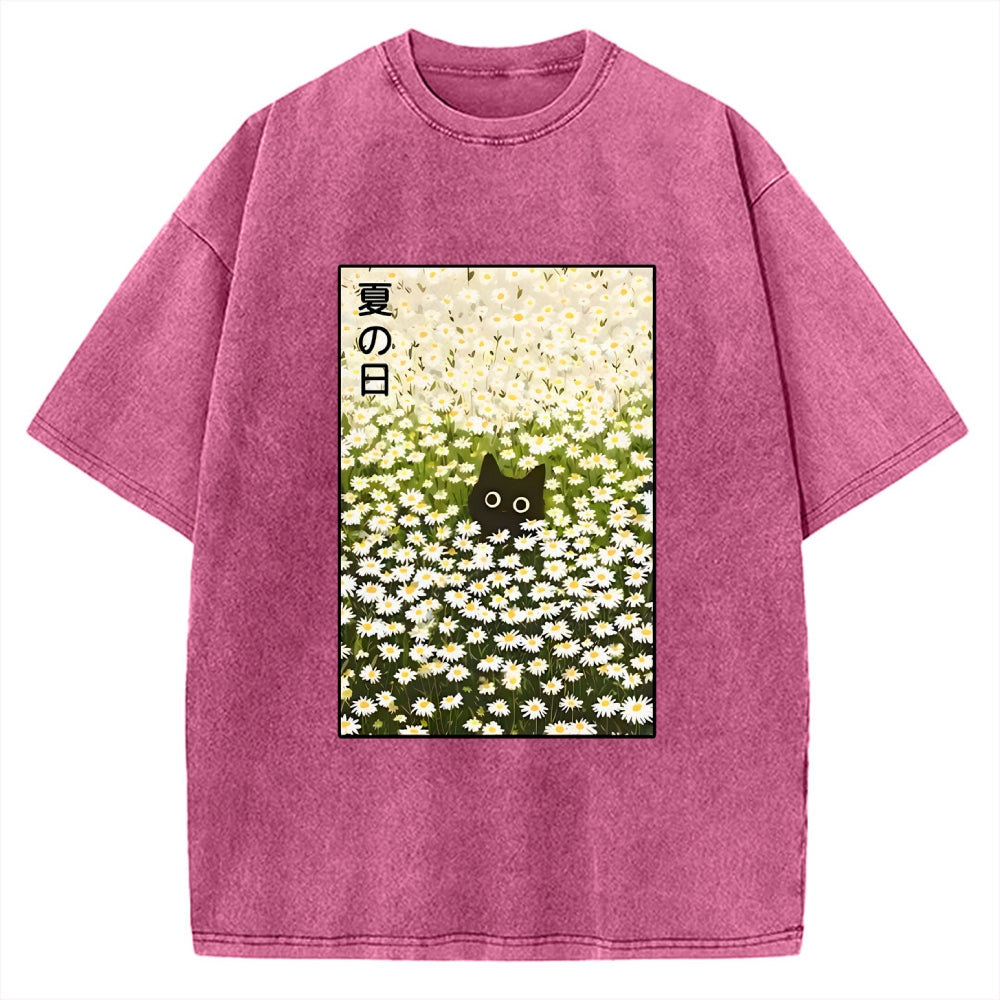 Unisex Summer Day Daisies Black Cat Printed Washed Tee