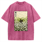Unisex Summer Day Daisies Black Cat Printed Washed Tee