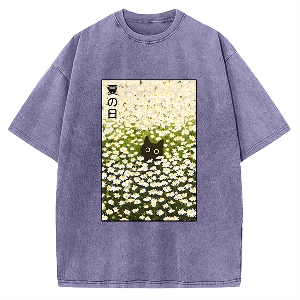 Unisex Summer Day Daisies Black Cat Printed Washed Tee