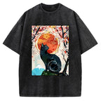 Unisex Black Cat Sakura Printed Washed Tee