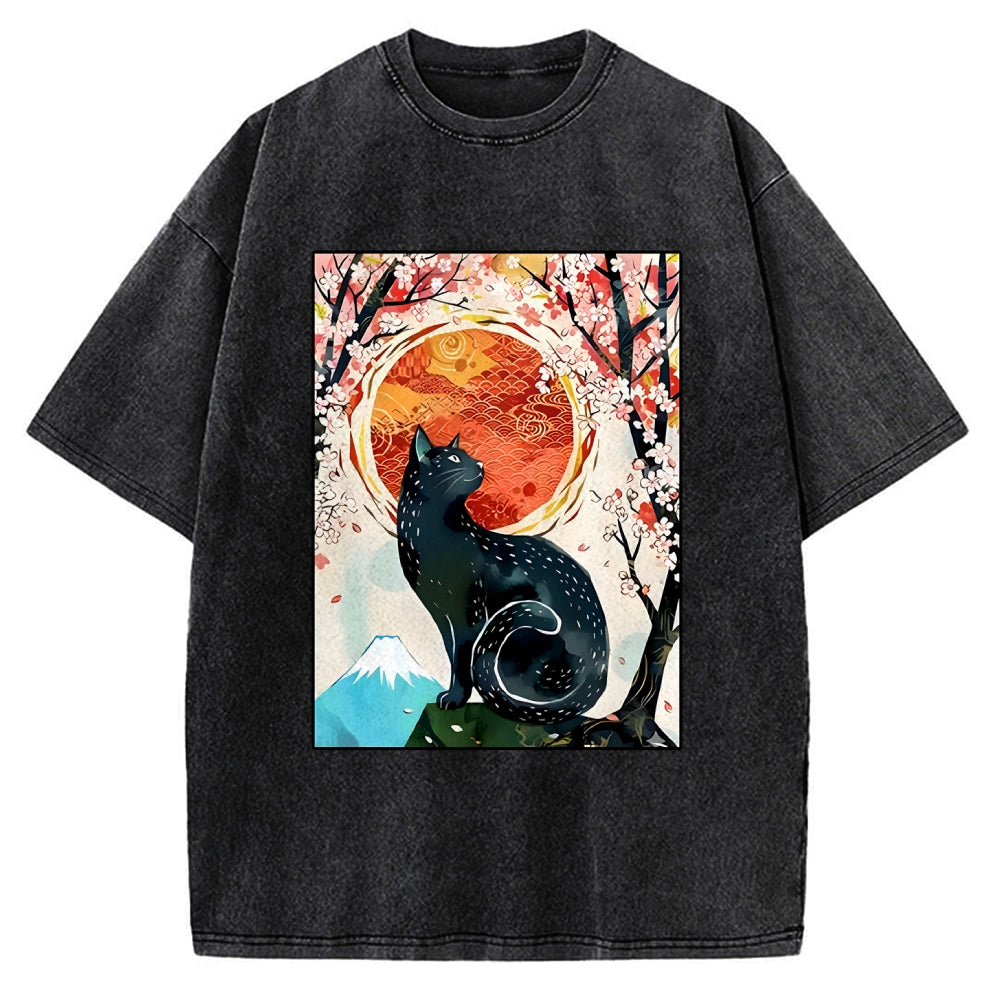 Unisex Black Cat Sakura Printed Washed Tee