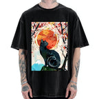 Unisex Black Cat Sakura Printed Washed Tee