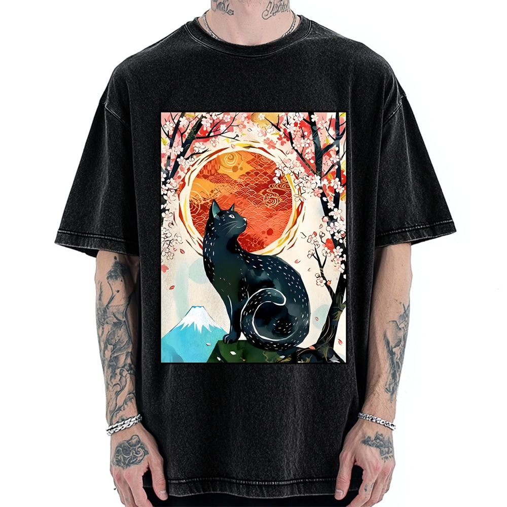 Unisex Black Cat Sakura Printed Washed Tee
