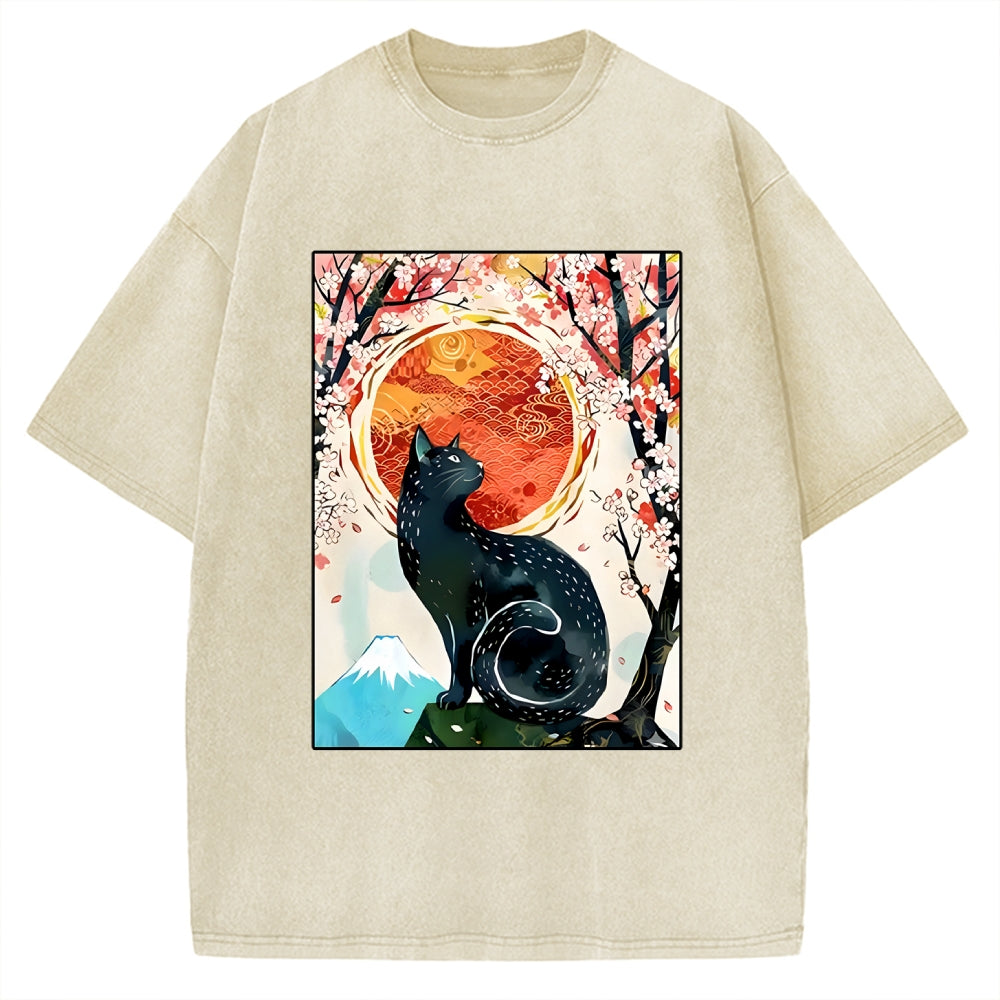 Unisex Black Cat Sakura Printed Washed Tee