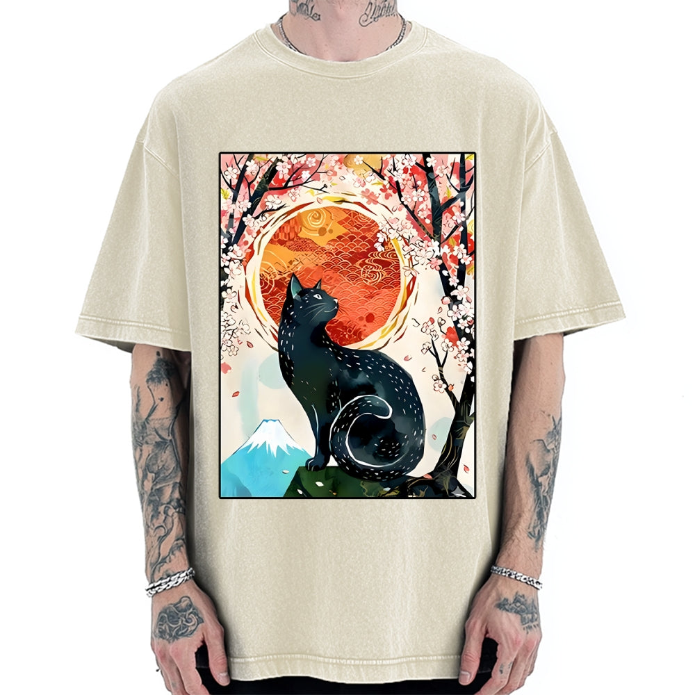 Unisex Black Cat Sakura Printed Washed Tee
