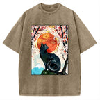 Unisex Black Cat Sakura Printed Washed Tee