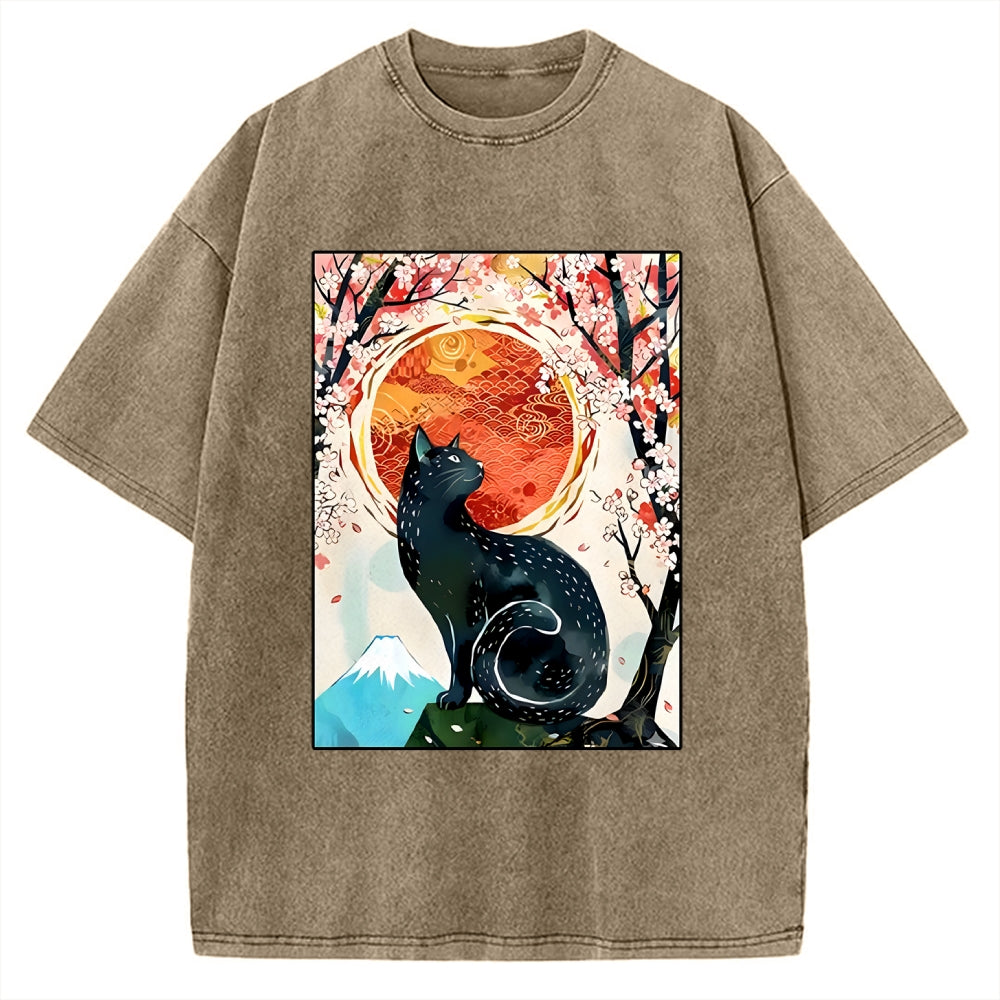 Unisex Black Cat Sakura Printed Washed Tee