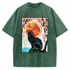 Unisex Black Cat Sakura Printed Washed Tee