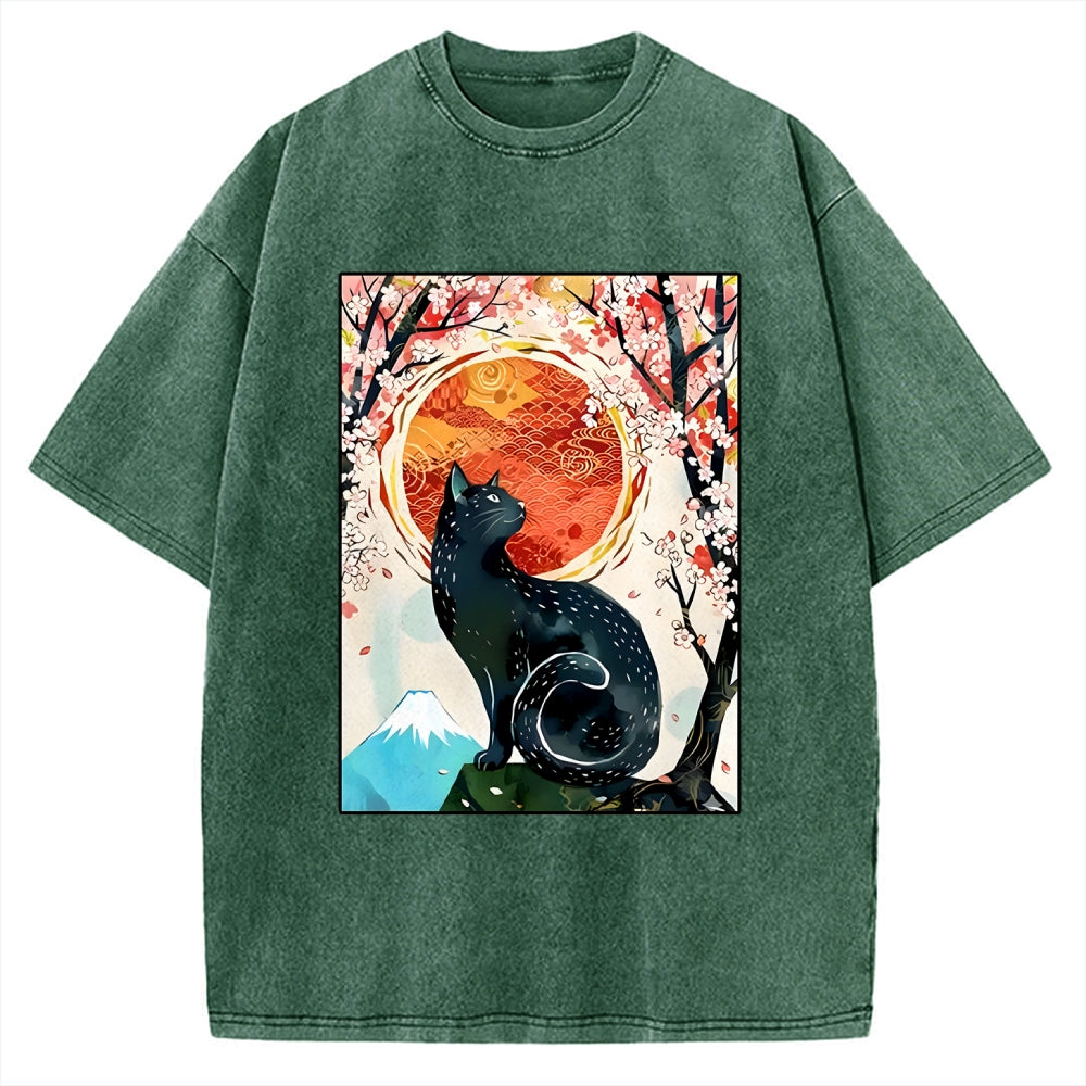 Unisex Black Cat Sakura Printed Washed Tee