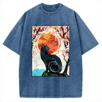 Unisex Black Cat Sakura Printed Washed Tee