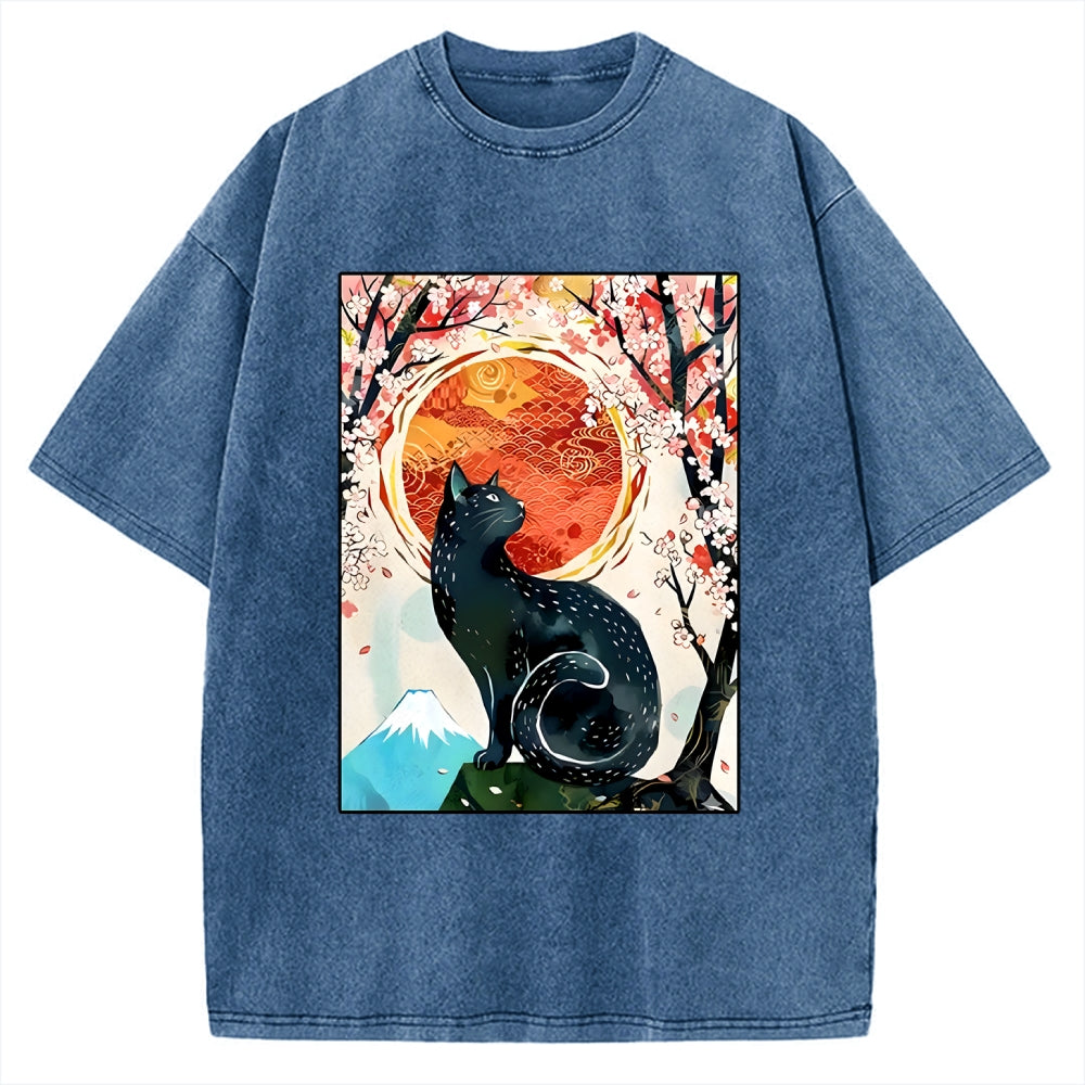 Unisex Black Cat Sakura Printed Washed Tee