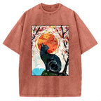 Unisex Black Cat Sakura Printed Washed Tee