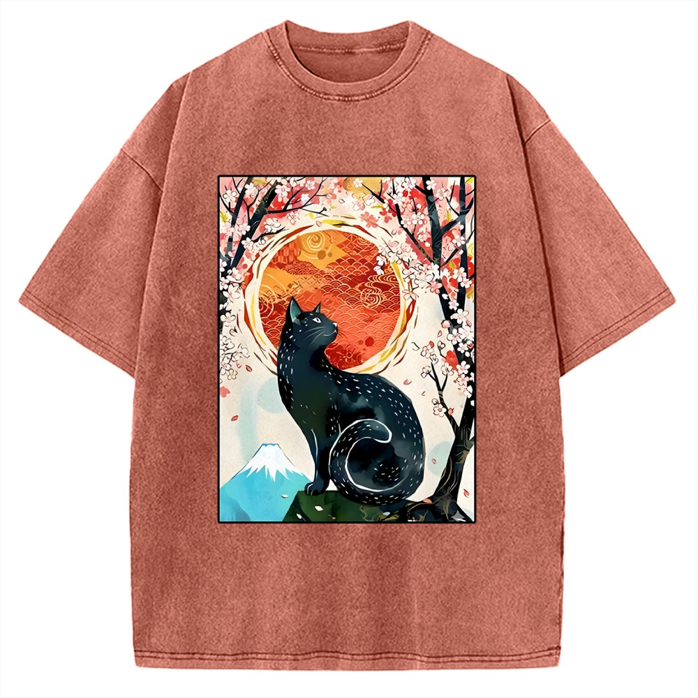 Unisex Black Cat Sakura Printed Washed Tee