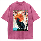 Unisex Black Cat Sakura Printed Washed Tee