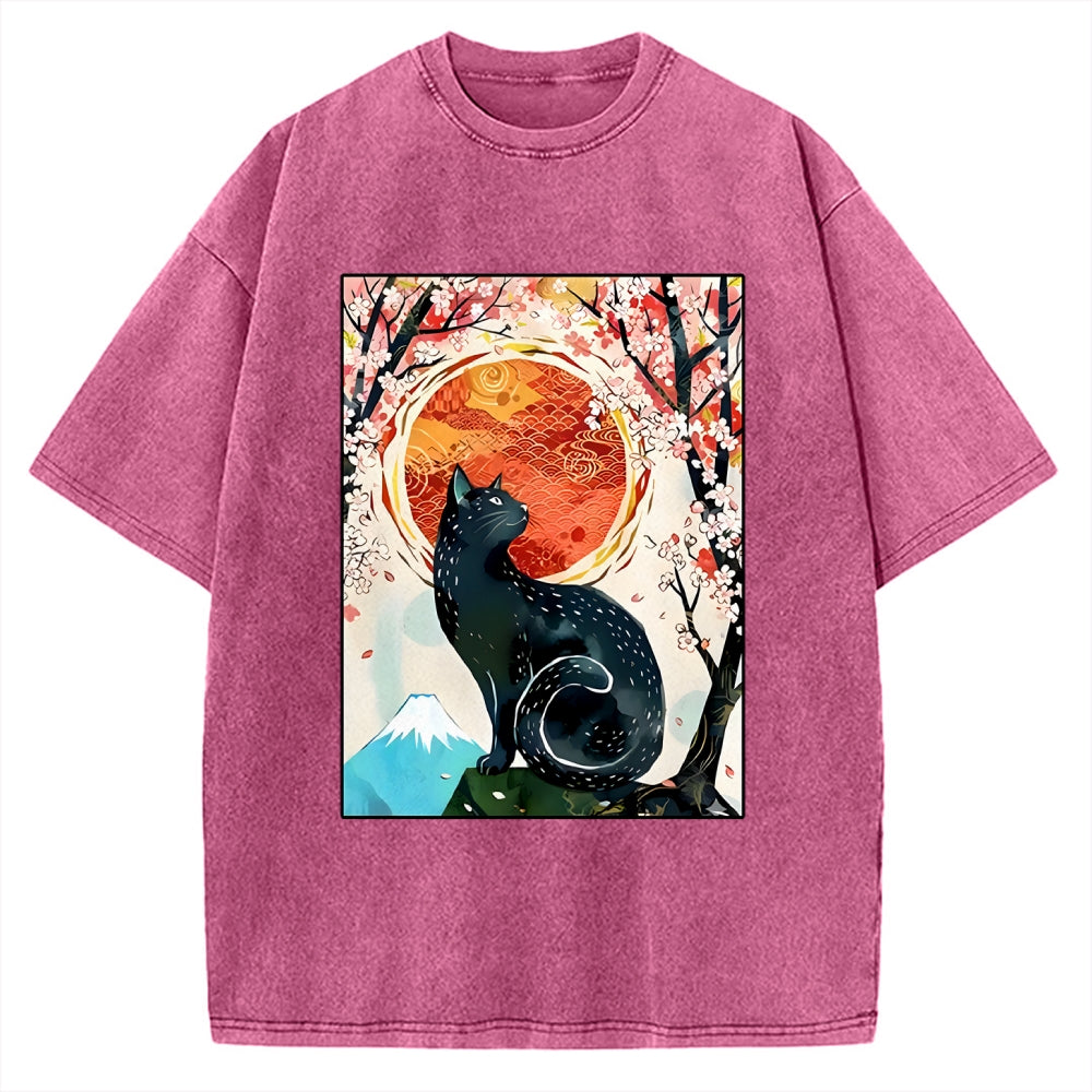 Unisex Black Cat Sakura Printed Washed Tee