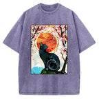 Unisex Black Cat Sakura Printed Washed Tee