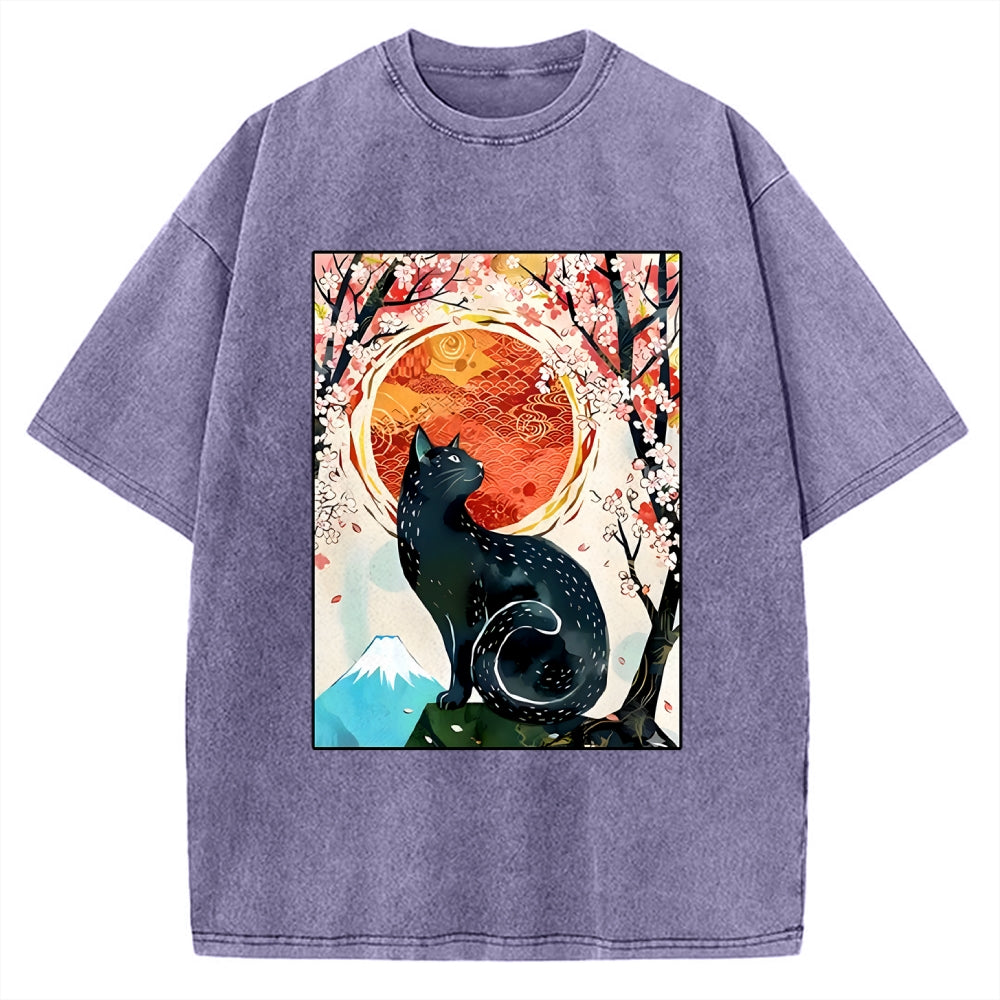 Unisex Black Cat Sakura Printed Washed Tee