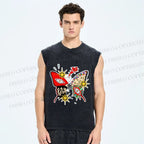 Unisex Butterfly Eye Graffiti Printed Washed Tank Top