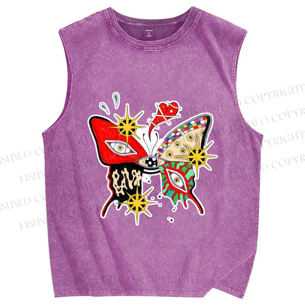 Unisex Butterfly Eye Graffiti Printed Washed Tank Top