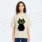 Unisex Spooky Black Cat With Green Teeth Printed Washed Tee