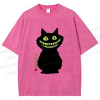 Unisex Spooky Black Cat With Green Teeth Printed Washed Tee