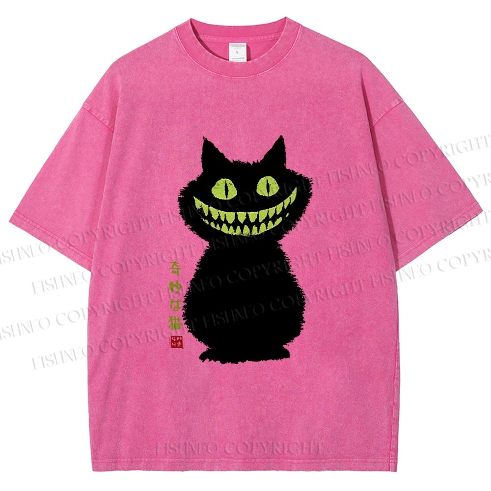 Unisex Spooky Black Cat With Green Teeth Printed Washed Tee