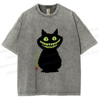 Unisex Spooky Black Cat With Green Teeth Printed Washed Tee