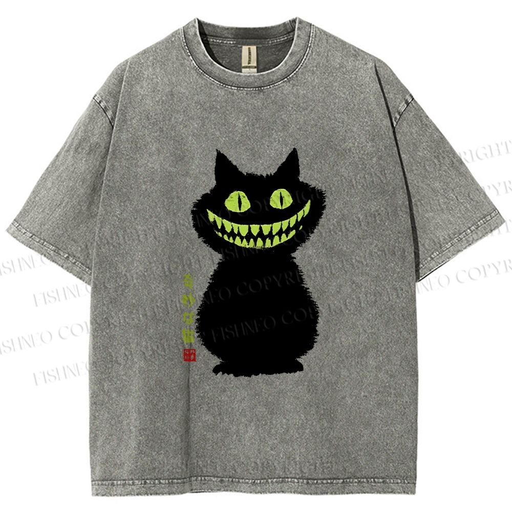 Unisex Spooky Black Cat With Green Teeth Printed Washed Tee