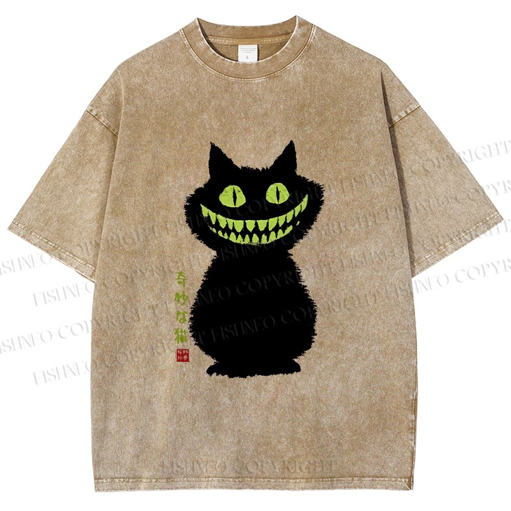Unisex Spooky Black Cat With Green Teeth Printed Washed Tee
