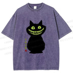 Unisex Spooky Black Cat With Green Teeth Printed Washed Tee