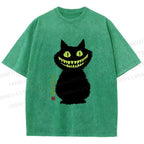Unisex Spooky Black Cat With Green Teeth Printed Washed Tee